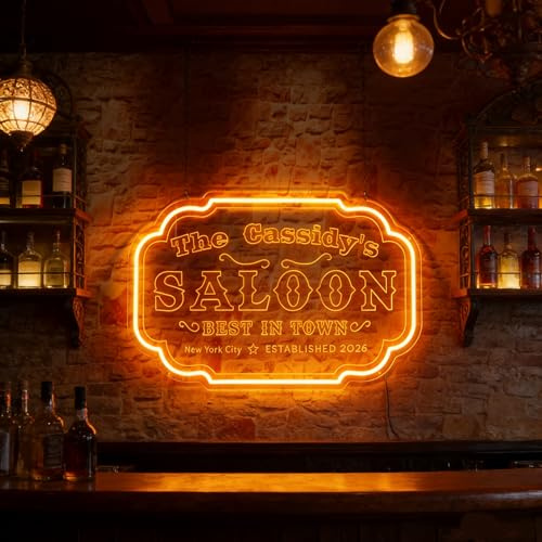 Individuelles Saloon-Neon-Schild als Wanddeko – Text & Stadt personalisierbar – Western-Bar-Neonlicht für die Hausbar, Cowboy-Pub-Deko, Man Cave“-Ausstattung & Geschenke