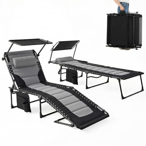 Clevich XXL Sonnenliege klappbar mit Dach 2er Set, 199 × 66 cm extra breit, Liegestuhl verstellbar mit 5 Rückenlehnen und 2 Beinpositionen, gepolstert, bis 150 kg belastbar, für Pool, Garten, Camping