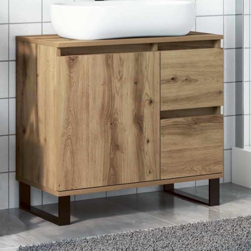 Kaloriko Meuble sous lavabo en chêne Artisan avec pieds en fer - 65 x 33 x 60 cm - Meuble de salle de bain peu encombrant - Organiseur de rangement pour salle de bain, toilettes, invités