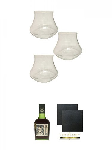 Botucal Rum Gläser 3 Stück + Diplomatico Botucal 12 Jahre Venezuela 0,35 Liter (halbe) + Schiefer Glasuntersetzer eckig ca. 9,5 cm Ø 2 Stück