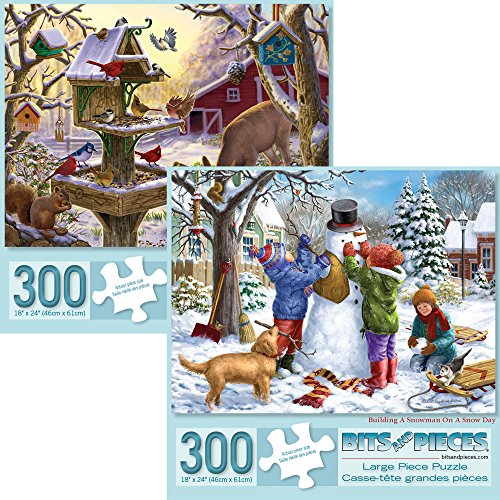 Bits and Pieces - Set of Two (2) 300 Piece Jigsaw Puzzles for Adults - Building Snowman, Sunrise Feasting - 300 pc Winter Snow Jigsaws by Artist Liz Goodrick-Dillon