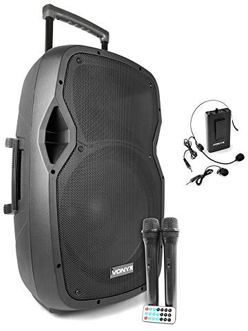 Vonyx AP1500PA 15-Inch Portable PA Speaker with Wireless UHF Microphones, Battery Powered Sound System Ideal for Outdoor Events, Gatherings & Performances
