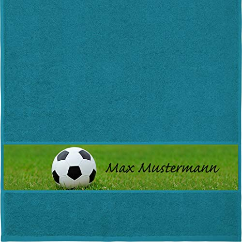 Manutextur Handtuch mit Namen - personalisiert - Motiv Sport - Fußball - viele Farben & Motive - Dusch-Handtuch - Petrol - Größe 50x100 cm - persönliches Geschenk mit Wunsch-Motiv und Wunsch-Name