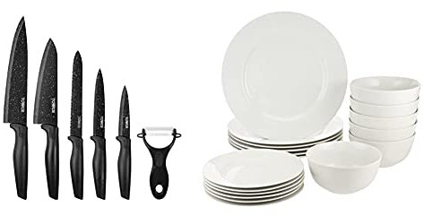 Tower Essentials Kitchen Knife Set, Stone-Coated with Stainless Steel Blades, Black, 6-Piece & Amazon Basics 18-Piece Dinnerware Set, Service for 6