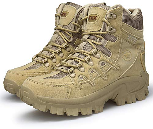 Bititger - Stivali outdoor da uomo, impermeabili, in pelle, con cerniera, stivali militari, Beige (1201 sabbia), 43 EU