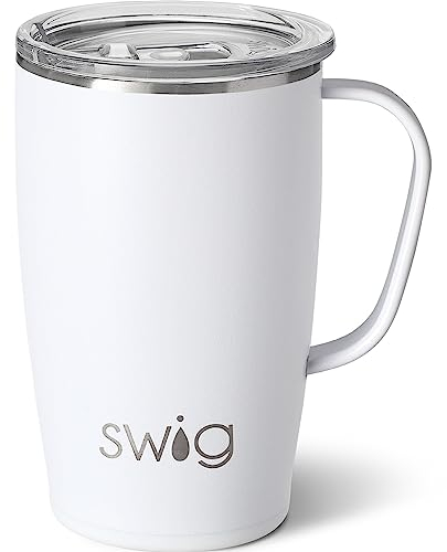 Swig 18oz Stainless Steel Travel Mug, Insulated Tumbler with Handle and Lid, Dishwasher Safe (Shimmer Diamond White)