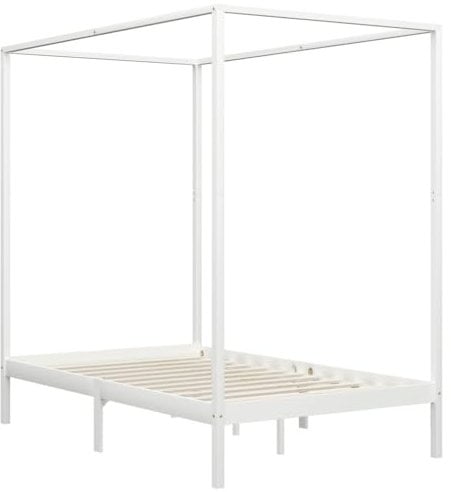vidaXL Kiefernholz Massiv Himmelbett Bett Bettgestell Doppelbett Holzbett Bettrahmen Lattenrost Massivholzbett Schlafzimmerbett Weiß 140x200cm