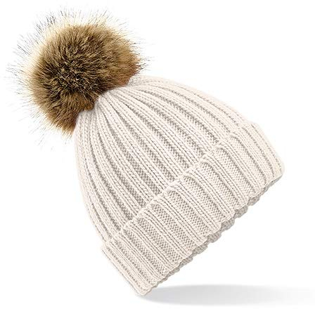 Beechfield Unisex Faux Fur Pom Chunky Beanie, Oatmeal, Einheitsgröße