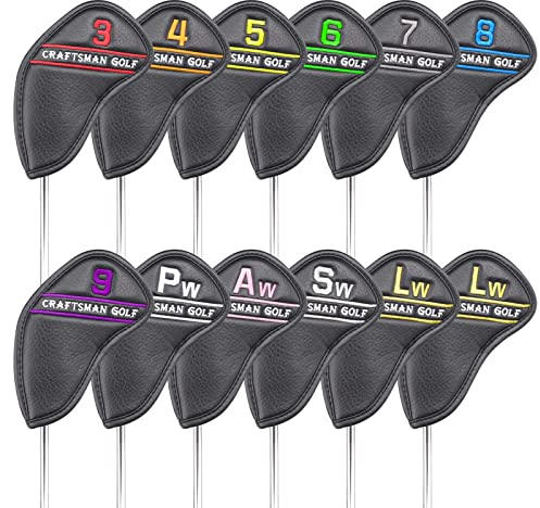 CRAFTSMAN GOLF 12pcs Black Synthetic Leather Golf Iron Head Covers Set Headcover with Colorful Number Embroideried For Left Handed Golfer