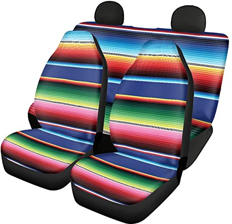 Dolyues Autositzbezüge, mexikanisch, bunt, ethnischer Streifendruck, komplettes Set, 4-teilig, Auto-Vorder- und Rücksitzbezug, Autozubehör