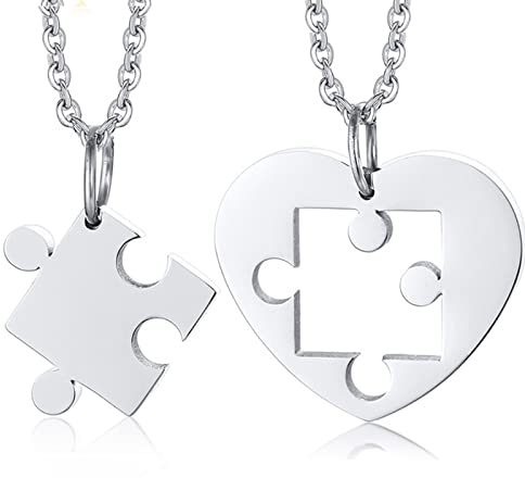 Skcess Modeschmuck Damen Kette, Schmuck für Frauen Silber Puzzle-Herz Kette Edelstahl Damen anhänger Halskette Länge 50cm Geschenk Ideen für Frau