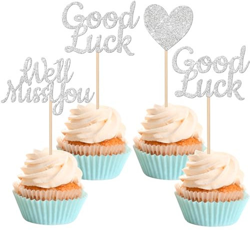SYKYCTCY 24 Pack We Will Miss You Cupcake Toppers Glitter Red Love Heart Good Luck Cupcake Picks Retirement Theme Going Away Party Cake Decorations Silver