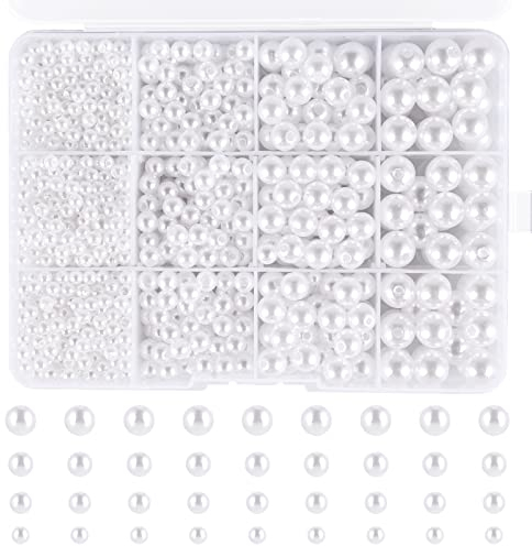 TOPBELIEF 1320 Stück Weisse Perlen mit Loch, 4 6 8 10 mm Weisse Perlen, Perlen Weiss Basteln, Kunstperle Runde Perlen, Weisse Nachahmung Perle, DIY Perlen Weiss zum Deko Jewellery Making Hochzeits