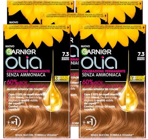 Garnier Olia Haarfarbe, permanent, Farbe 7.3, Goldblond, ohne Ammoniak, zarter Duft mit Blütenölen natürlichen Ursprungs - 5 Farben