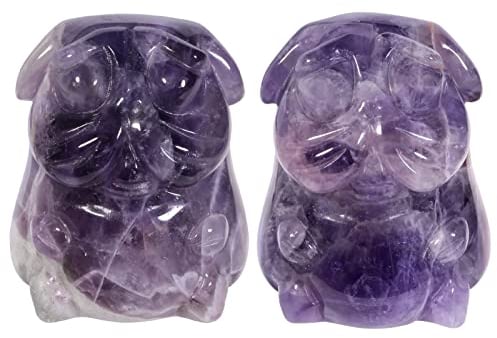 Nupuyai 2 Stück Hund Figuren Kristall Deko Edelstein Mops Figur Klein Heilstein Welpen Tier Figuren Set für Glücksbringer Taschensteine Feng Shui Deko, Amethyst Stein