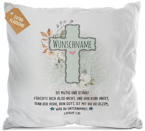 PR Print Royal Flauschiges Kissen zur Taufe mit Name - Sei Mutig und Stark - Geschenke zur Taufe, personalisierte Taufgeschenke Patenkind | inkl. Kissenfüllung, Weiß, 40 x 40 cm