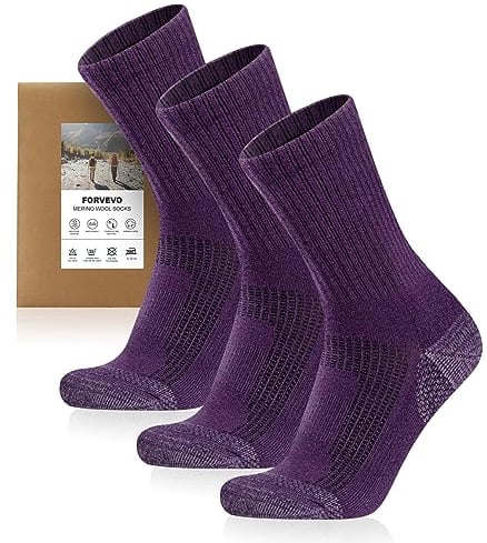 FORVEVO 3 Paar Merino Wandersocken Damen 35-38 Lila, 60% Merinowolle Socken Damen Atmungsaktiv, Warme Wintersocken, Sportsocken für Trekking Outdoor