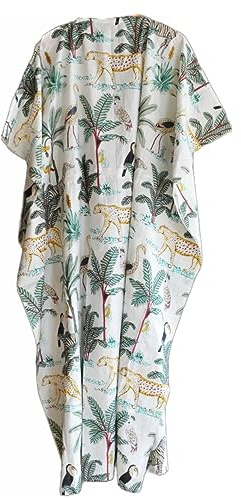 INDACORIFY Robe Kaftan 100% Coton, Couture pour Femmes imprimées Florales, Costume Long Kaftan Indien Fait à la Main, Belle Plage
