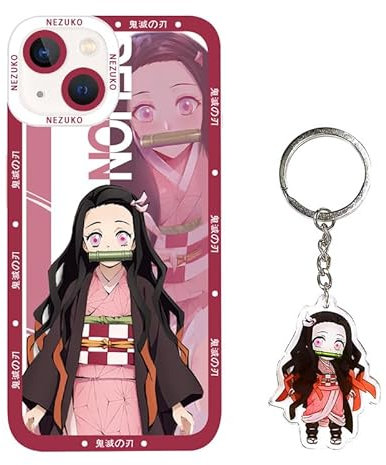 ALcoRy Anime Phone Case Compatible with iPhone 13, Cute Nezuko Cartoon Case with Kawaii Keychain，Soft TPU Protective Cover for Girls Boys Kids (13,Ne)