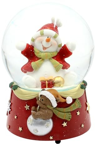 Dekohelden24 Schneekugel - Fröhlicher Schneemann - auf rotem Sockel mit Teddybären, L/B/H/Ø Kugel 10 x 11 x 15 cm Ø 10 cm, mit Spielwerk, Melodie Jingle Bells Rock