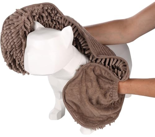 Flamingo Handtuch Pakka – Taupe – 80 × 30 × 2,5 cm – Superabsorbierendes Mikrofaser-Handtuch mit praktischen Eingrifftaschen – Für kleine und große Hunde geeignet