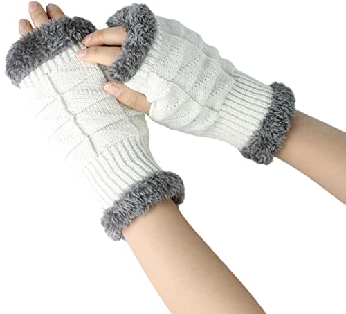 Offene Fingerhandschuhe aus gestrickter Wolle für Damen Halbfinger, kurze, warme Handschuhe Flauschige Und Warme Damen Handschuhe (White, One Size)
