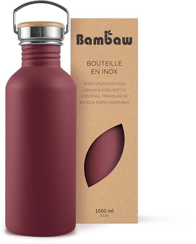 Bambaw Gourde Inox 1l, Gourde d’Eau Rouge, Gourde de Sport Non-Isotherme, Gourde Metal 1 Litre, Gourde Acier 1l, Gourde Randonnée – Rouge Cerise