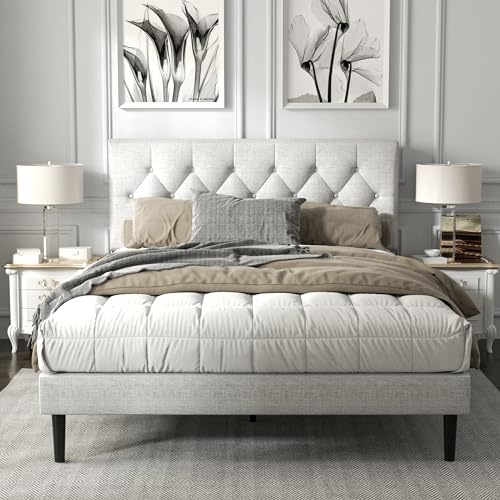HAOARA Queen-Size-Plattform-Bettgestell mit gepolstertem Knopf, getuftetes Kopfteil, Matratzenfundament mit Holzlattenstütze, geräuschfrei, kein Boxspringbett erforderlich, einfache Montage, Hellgrau