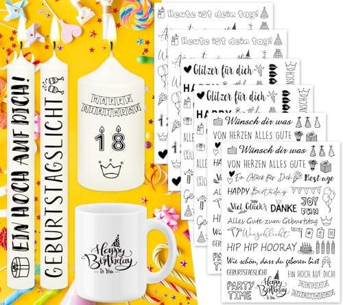 Tixlux 6 PCS Kerzentattoo Geburtstag (200+ Muster), Wasserschiebefolie kerzen | Kerzenaufkleber | Kerzen dekorieren | Gedenklicht | Geburtstagskerze (GeburtstagⅠ)