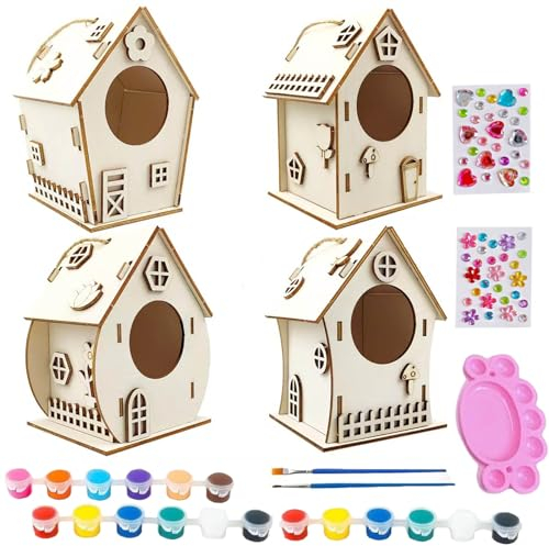 Aszaui 4 Pezzi Kit Casetta per Uccelli Fai da Te,Casetta Uccelli in Legno per Bambini,kit Fai da Te per Bambini,Set Pittura Regalo di Compleanno di Natale per Ragazze Ragazzi