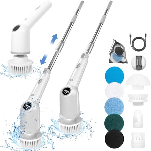 MULEVIP Cepillo de Limpieza Electrico,Cepillo Electrico Limpieza Hogar con 8 Cabezales de Cepillo Intercambiables,Cepillo Limpieza Electrico para Baño,Azulejos,Automóviles - Borde Gris
