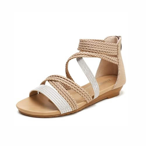 Zenithia Flache Damensandalen,böhmische glänzende Webart,Gladiator-Sandalen,Damen,Sommer,römische Sandalen mit Reißverschluss hinten,Größe 36–42 EU
