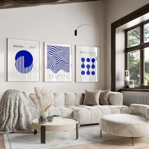 KemneT Blaue Bauhaus-Ausstellung geometrische Linie Posterdruck minimalistisches Retro-Wand Bilderbild moderner Leinwanddruck Wohnzimmer-Heimdekoration 40 x 60 cm x 3 ungerahmt