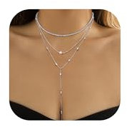 Kakonia Damen Kette, 14K Gold/Silber Edelstahl Layering Mit Anhänger Zirkon, Wasserfest Schlangen Lang Perle Y Choker Halskette - GP