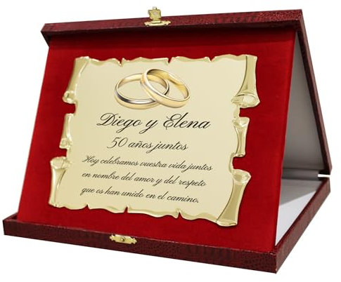 Placa de Aniversario de Bodas Personalizada | Cofre con pergamino | Targa Matrimonio de Plata Oro Diamante | Homenaje para Aniversario de Boda