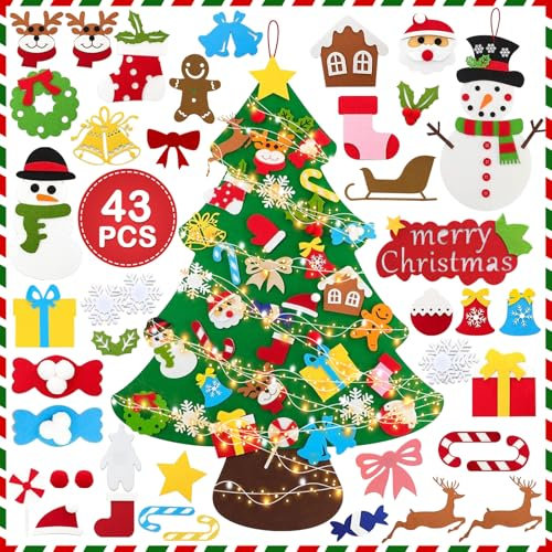 Qintora Albero di Natale in Feltro per Bambini,42inch Feltro Albero Natale,DIY Albero Natale Feltro Con 41 Ornamenti Staccabili,Regali Di Natale Per Bambini,Decorazioni Natalizie Da Parete Per Porte