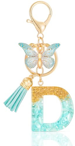MWOOT Letter D Keychain Initiale Buchstaben-Schlüsselanhänger,Alphabet Harz Key Chain mit Schmetterling Quaste Anhänger Handtasche Geldbörse Charm,Grün Keyring für Frauen(D)