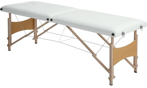 HOMCOM Camilla de Masaje Plegable Mesa de Masaje Portátil con Reposacabezas Marco de Madera Camilla Fisioterapia con Altura Regulable y Bolsa de Transporte 186x60x58-81 cm Crema