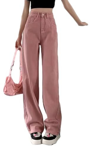 Jeans A Vita Alta Con Gamba Dritta, Jeans A Vita Alta Per Donna, Pantaloni In Denim Larghi Elasticizzati A Gamba Larga, Jeans A Zampa D'elefante Larghi (Rosa,L)