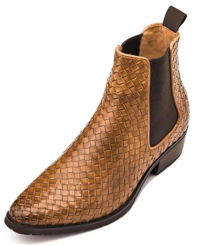 CALTO Scarpe da uomo invisibili, altezza crescente, stivali alti in pelle di alta qualità, altezza 8,4 cm, Chelsea marrone, 42 1/3 EU