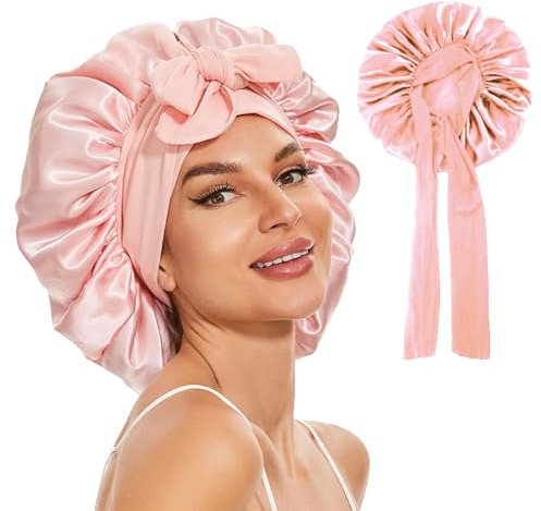 Seidenhaube zum Schlafen Lange Haare,Silk Bonnet Sleep Cap,Schlafhaube Seide,Satin Haarhaube für Die Nacht,Schlafhaube Haare Schützen,Locken Satin Bonnet Seide,Glatte Haarschutz Schlafmütze (Pink)
