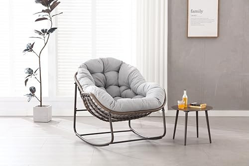 Jaxenor Übergroßer Schaukelstuhl aus Korbgeflecht in Eierform, ideal für drinnen und draußen, Mit dickem Kissen, perfekt für Balkon, Terrasse oder Garten, Moderner Loungesessel in hellgrau
