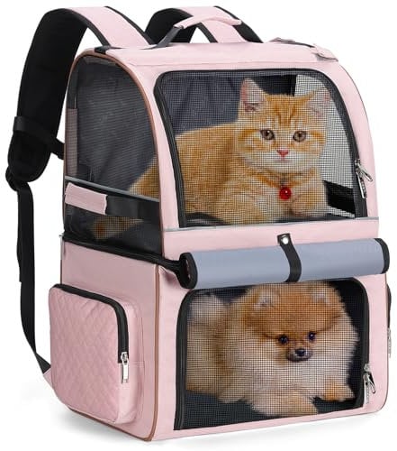 Lekespring Doppellagige Katzen Rucksack für 2 Katzen Große Transport Hunderucksack Faltbare Haustier Rucksack für Hunde bis 11kg - Rosa