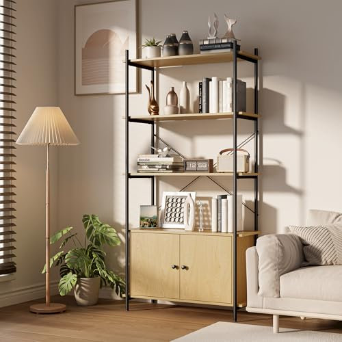 Xbro Bücherregal, 4 Ebenen,Regal, Standregal Standregal mit Türen,Bücherregal für Wohnzimmer, Schlafzimmer, Arbeitszimmer, Holzregal Industrie-Design,Pastellgelb,80 x 34 x 159.5 cm
