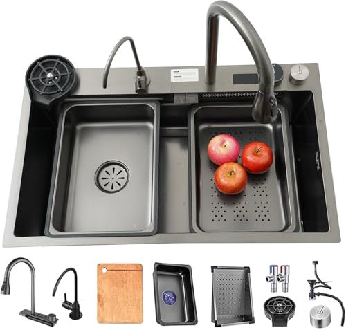 Fregadero de Cocina en Cascada Negro 80x50cm, Inoxidable Sobre Encimera con Grifo Multifuncional y Varios Accesorios - 1 Seno