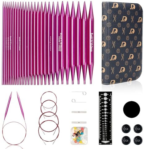 RUIDI Rundstricknadeln Set, Lange Aluminium Austauschbare Rundstricknadeln Set mit Etui & Zubehör, 13 Paar Rundstricknadel-Set (13cm) in den Größen von 2,75 mm bis 10 mm (Fuchsia)