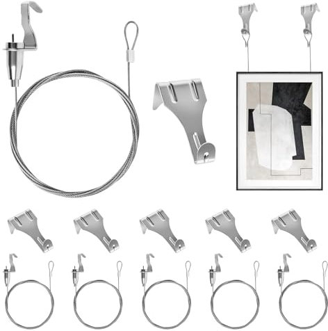 CEOTIS Picture Hanging Wire Kit, 2m × Φ1.5mm Heavy Duty Picture Wire with Wire Adjustable Hook and Rail Moulding Hook Hold Up to 30 KG- 72 Inch Stainless Steel Mirror Hanging Kit Heavy Duty（6 Sets）
