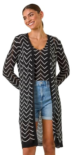 Roman Chevron Stripe Shimmer Longline Cardigan for Women UK Ladies Spring Everyday Summer Holiday Long Sleeve Soft Lightweight Comfy Daywear Jumper Vacation Sweaters - Black - Size 14