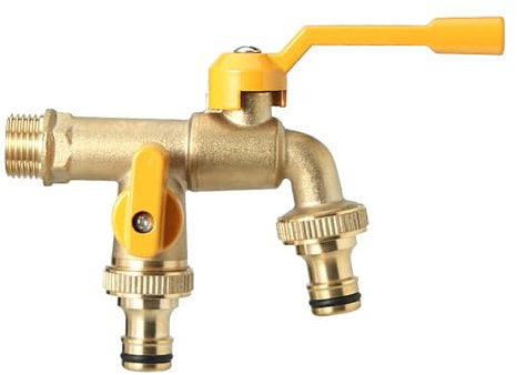 Double robinet de jardin - Double robinet d'écoulement - 1/2 et 3/4 - Double robinet à boisseau sphérique - Robinet extérieur pour citerne de pluie de jardin et système d'irrigation (1/2)