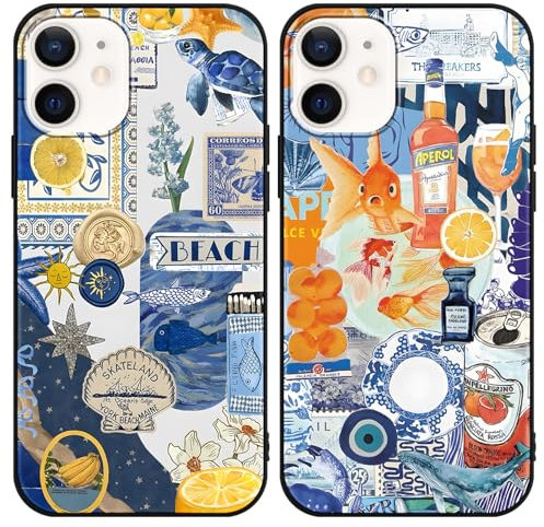 Phoona Lot de 2 jolies coques pour iPhone 12/iPhone 12 Pro 6,1, collage européen Preppy Summer Girly pour filles et femmes, coque de protection antichoc en silicone souple pour filles et femmes, bleu